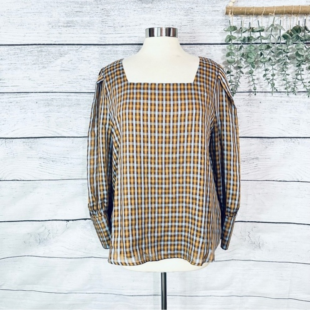 3/$22🩶 Alice Blue Brown Plaid Blouse Square Neck Puff Sleeve Cuff Retro Style XL